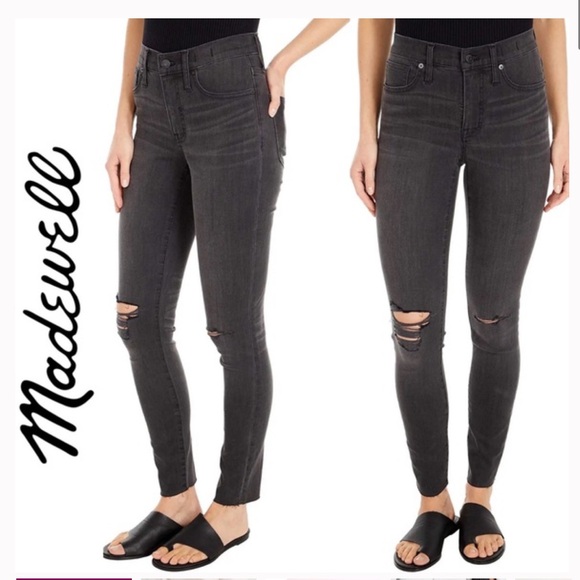 Madewell 9" High Rise Skinny Jeans in Black Sea Raw Hem Distressed Boho - Picture 2 of 6